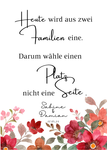 Heute wird aus zwei Familien eine Schild für Hochzeit Leinwand, Poster. Bunte Blumen , Rot , Vintage NATALIE