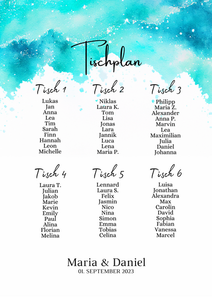 Personalisierter Hochzeits Sitzplan - Leinwand , Poster - Strand Hochzeit , Meer Motiv ARIA
