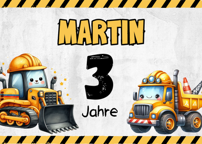 Willkommensschild zum 1. Geburtstag Kindergeburtstag Personalisiertes Bagger Baustelle  Deutsch