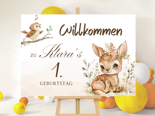 Willkommensschild zum 1. Geburtstag Kindergeburtstag Personalisiertes Waldtiere