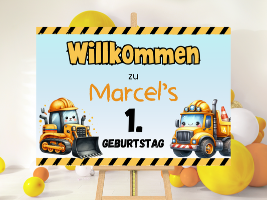 Willkommensschild zum 1. Geburtstag Kindergeburtstag Personalisiertes Bagger Baustelle  Deutsch