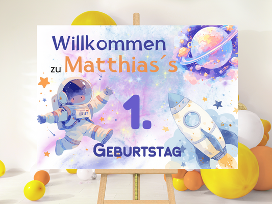 Willkommensschild zum 1. Geburtstag Kindergeburtstag Personalisiertes Kosmos Deutsch