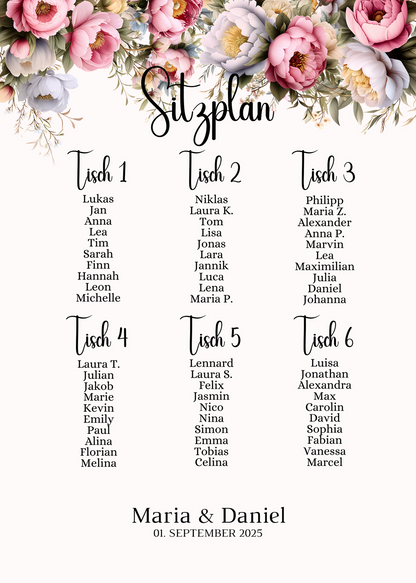 Personalisierter Hochzeits Sitzplan - Leinwand , Poster - Rote Blumen Boho KATRIN