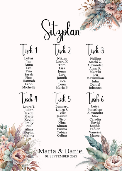 Personalisierter Hochzeits Sitzplan - Leinwand , Poster - Boho , Beige , Blumen DIANA
