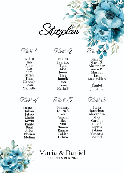 Personalisierter Hochzeits Sitzplan - Leinwand , Poster - Strand Hochzeit , Marine , Blaue Blumen LINDA