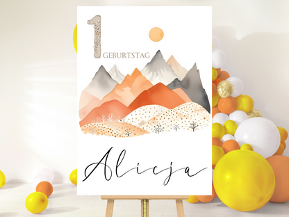 Willkommensschild zum 1. Geburtstag Kindergeburtstag Personalisiertes Deutsch Bergen boho