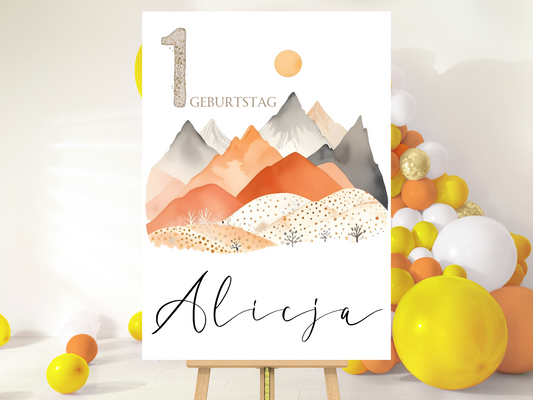 Willkommensschild zum 1. Geburtstag Kindergeburtstag Personalisiertes Deutsch Bergen boho