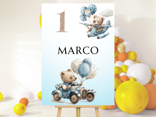 Willkommensschild zum 1. Geburtstag Kindergeburtstag Personalisiertes Teddybär Auto