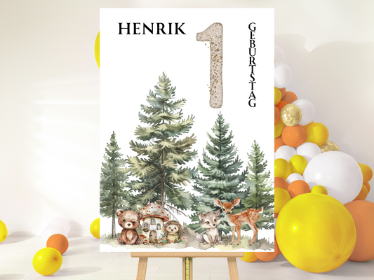 Willkommensschild zum 1. Geburtstag Kindergeburtstag Personalisiertes Waldtiere