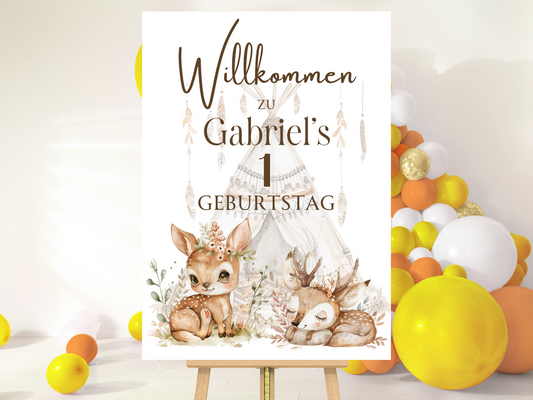 Willkommensschild zum 1. Geburtstag Kindergeburtstag Personalisiertes Boho Waldtiere