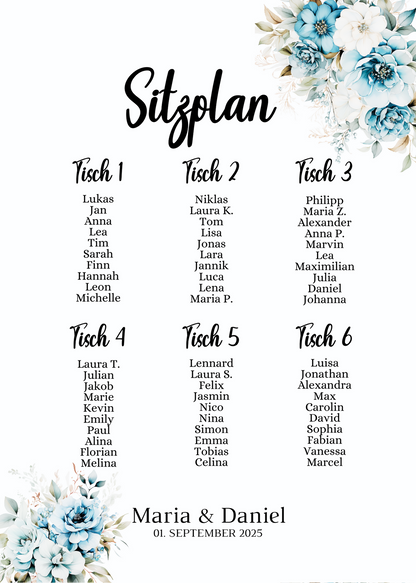 Personalisierter Hochzeits Sitzplan - Leinwand , Poster - Strand Hochzeit , Marine , Blaue Blumen ALICE