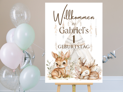 Willkommensschild zum 1. Geburtstag Kindergeburtstag Personalisiertes Boho Waldtiere