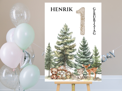 Willkommensschild zum 1. Geburtstag Kindergeburtstag Personalisiertes Waldtiere
