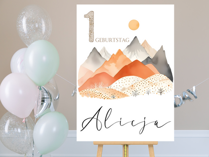 Willkommensschild zum 1. Geburtstag Kindergeburtstag Personalisiertes Deutsch Bergen boho
