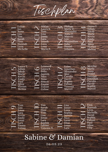 Personalisierter Hochzeits Sitzplan - Leinwand , Poster - Boho , Holzeffekt , Vintage LEONIE