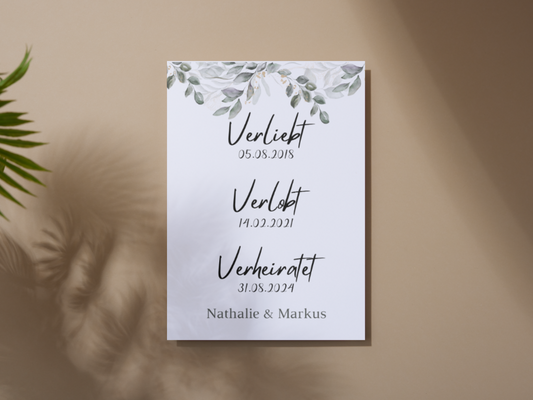 Unsere Liebesgeschichte. Verliebt Verlobt Verheiratet für Hochzeit Leinwand, Poster . Eukalyptus Vintage ANNA