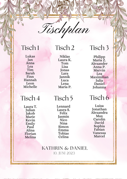 Personalisierter Hochzeits Sitzplan - Leinwand , Poster - Boho , Rosa Blumen MARTA