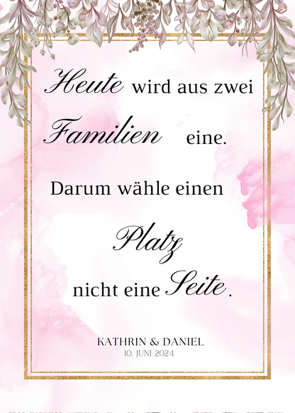 Heute wird aus zwei Familien eine Schild für Hochzeit Leinwand, Poster. Boho , Rosa Blumen MARTA