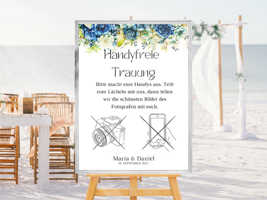Handyfreie Trauung für Hochzeit Leinwand, Poster . Marine , Blaue Blumen JASMIN