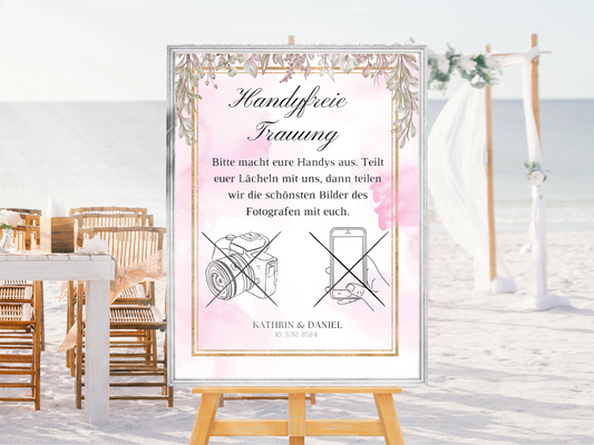 Handyfreie Trauung für Hochzeit Leinwand, Poster . Boho , Rosa Blumen MARTA