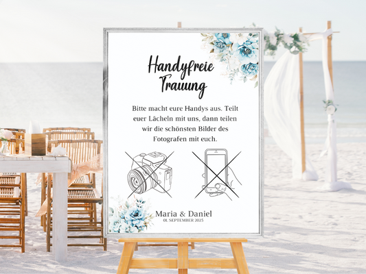 Handyfreie Trauung für Hochzeit Leinwand, Poster . Strand Hochzeit , Marine , Blaue Blumen ALICE