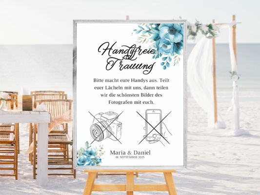 Handyfreie Trauung für Hochzeit Leinwand, Poster . Strand Hochzeit , Marine , Blaue Blumen LINDA