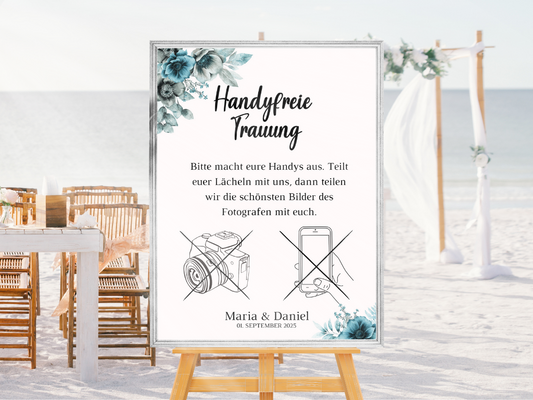 Handyfreie Trauung für Hochzeit Leinwand, Poster . Strand Hochzeit , Marine , Blaue Blumen MILA