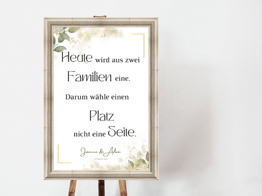 Heute wird aus zwei Familien eine Schild für Hochzeit Leinwand, Poster. Eukalyptus Gold LISA
