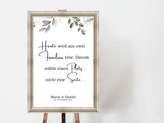 Heute wird aus zwei Familien eine Schild für Hochzeit Leinwand, Poster. Eukalyptus Vintage ANNA
