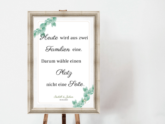 Heute wird aus zwei Familien eine Schild für Hochzeit Leinwand, Poster. Eukalyptus Vintage HANNAH