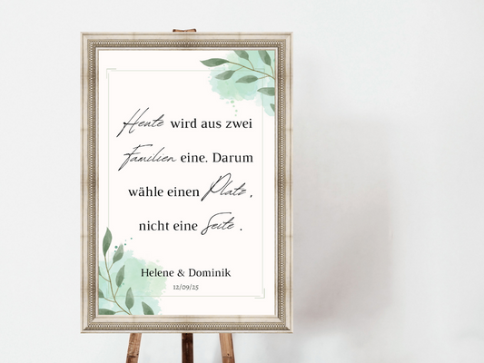 Heute wird aus zwei Familien eine Schild für Hochzeit Leinwand, Poster. Eukalyptus Vintage NELE