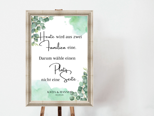 Heute wird aus zwei Familien eine Schild für Hochzeit Leinwand, Poster. Eukalyptus Vintage SARAH