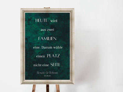 Heute wird aus zwei Familien eine Schild für Hochzeit Leinwand, Poster. Glamour , grün MELISSA