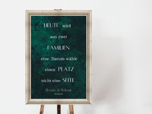 Heute wird aus zwei Familien eine Schild für Hochzeit Leinwand, Poster. Glamour , grün MELISSA