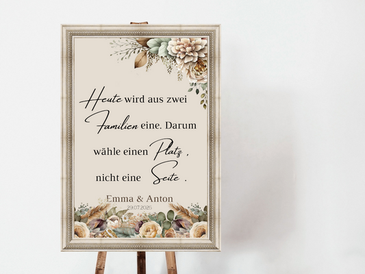 Heute wird aus zwei Familien eine Schild für Hochzeit Leinwand, Poster. Boho , Beige , Blumen JULIA