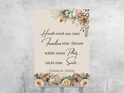 Heute wird aus zwei Familien eine Schild für Hochzeit Leinwand, Poster. Boho , Beige , Blumen JULIA