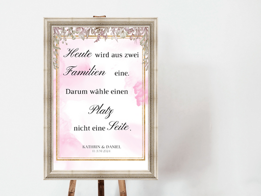 Heute wird aus zwei Familien eine Schild für Hochzeit Leinwand, Poster. Boho , Rosa Blumen MARTA