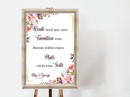 Heute wird aus zwei Familien eine Schild für Hochzeit Leinwand, Poster. Boho , Rosa Blumen SOPHIE