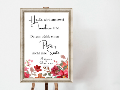 Heute wird aus zwei Familien eine Schild für Hochzeit Leinwand, Poster. Bunte Blumen , Rot , Vintage NATALIE