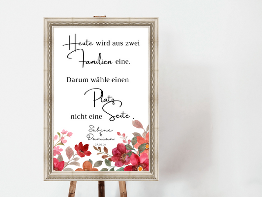 Heute wird aus zwei Familien eine Schild für Hochzeit Leinwand, Poster. Bunte Blumen , Rot , Vintage NATALIE