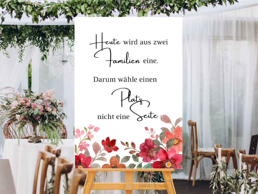 Heute wird aus zwei Familien eine Schild für Hochzeit Leinwand, Poster. Bunte Blumen , Rot , Vintage NATALIE