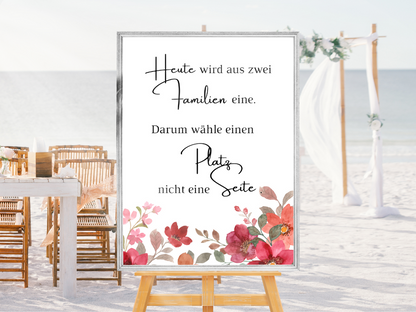 Heute wird aus zwei Familien eine Schild für Hochzeit Leinwand, Poster. Bunte Blumen , Rot , Vintage NATALIE
