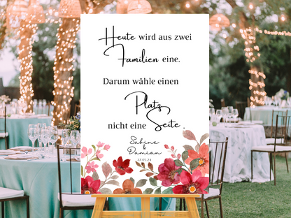 Heute wird aus zwei Familien eine Schild für Hochzeit Leinwand, Poster. Bunte Blumen , Rot , Vintage NATALIE