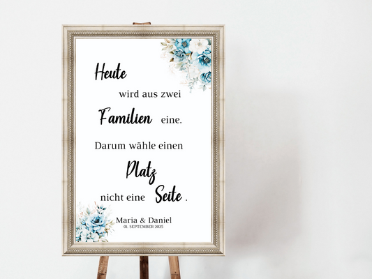 Heute wird aus zwei Familien eine Schild für Hochzeit Leinwand, Poster. Strand Hochzeit , Marine , Blaue Blumen ALICE