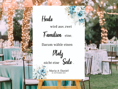 Heute wird aus zwei Familien eine Schild für Hochzeit Leinwand, Poster. Strand Hochzeit , Marine , Blaue Blumen ALICE