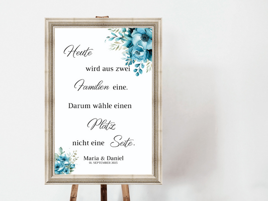 Heute wird aus zwei Familien eine Schild für Hochzeit Leinwand, Poster. Strand Hochzeit , Marine , Blaue Blumen LINDA