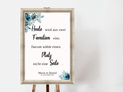 Heute wird aus zwei Familien eine Schild für Hochzeit Leinwand, Poster. Strand Hochzeit , Marine , Blaue Blumen MILA