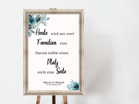 Heute wird aus zwei Familien eine Schild für Hochzeit Leinwand, Poster. Strand Hochzeit , Marine , Blaue Blumen MILA