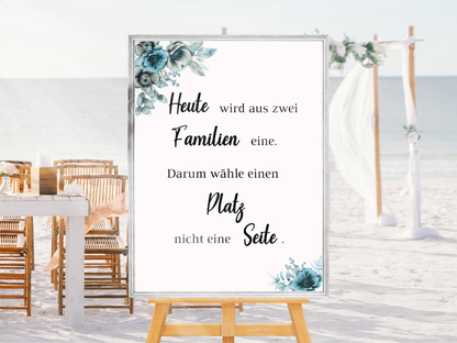 Heute wird aus zwei Familien eine Schild für Hochzeit Leinwand, Poster. Strand Hochzeit , Marine , Blaue Blumen MILA