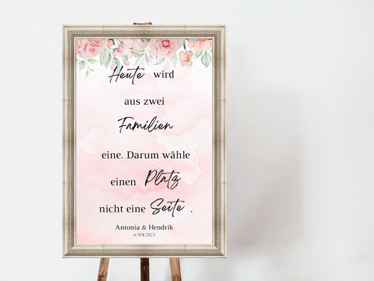 Heute wird aus zwei Familien eine Schild für Hochzeit Leinwand, Poster. Boho , Rosa Blumen LAURA